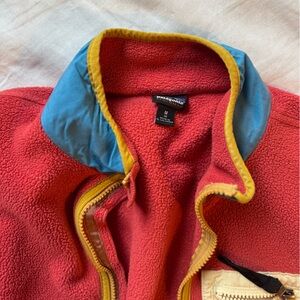 Patagonia Red Fleece Jacket with Blue Panels and Yellow Trim